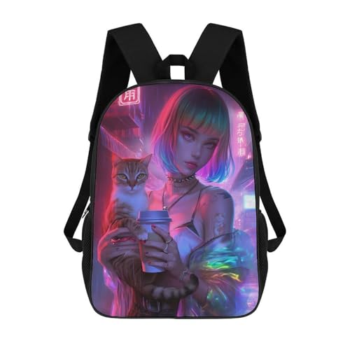 Sac à dos tendance imprimé 3D Neon Cat Girl pour ordinateur