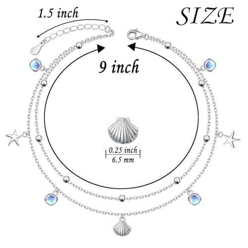Image of Ladytree S925 Sterling Silver Boho Beach Double Layer Anklets Bracelet for Women Adjustable 9 to 11 inches