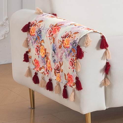 Image of HOKIPO Premium Sofa Armrest Cover (1 Pair) | Printed Holland Velvet with Tassels | 'Whispers of Nature' Vintage Rose Bloom (IN-1115-D12*2SM)