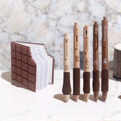 Image of Combo of 5 Coffee Gel Pens and Cute Chocolate Notebook Perfect for Coffee Lovers Ideal Stationery Gift for Writing Journaling Note Taking School Office and Desk Accessories