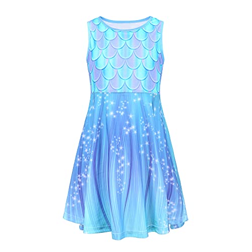 Toddler Girls Sleeveless Summer Mermaid Dresses Printed Twirl Birthday Party Casual Little Baby Clothes for 3-13years