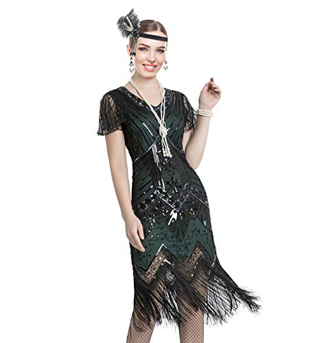 Women 1920s Gatsby Vintage Sequin Flapper Fringe Party Plus Dress with 20s Accessories Set2