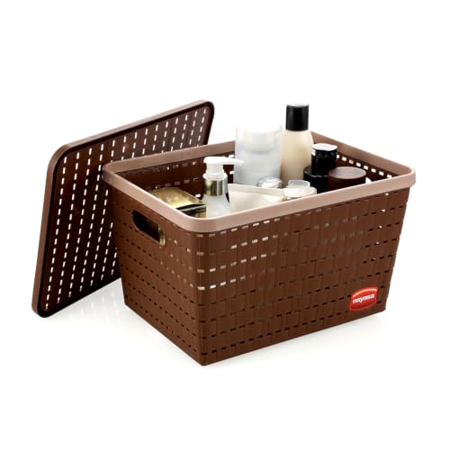 Image of Nayasa Gloria Basket for Storage | Vegetable & Fruit Basket | Storage Box and Organiser Plastic Basket With Lid | Multipurpose Kitchen Organizer Rack | Big - Set of 3 | DarkBrown