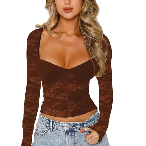 Yassiglia Mesh Oberteil Elegant Langarm Top mit Spitze Damen Enge Lace...