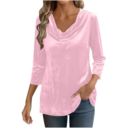 Velvet Tops for Women UK Elegant - Ladies Velvet Blouses 3/4 Sleeve V-Neck T-Shirt Vintage Plain Velour Longline Tunic Tops Business Casual Party Work Office Clothes Outfits Tee Shirts Pink