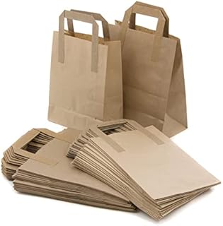 Takeaway Bags Brown Kraft Paper SOS Food Carrier Bags with Handles Eco Friendly Safe Party Takeaway Bar Restaurant  (25, SMALL Brown 7" x 9" x 3.5")