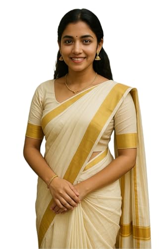 Women's Kerala Kasavu Saree with Golden Zari Border and without R...