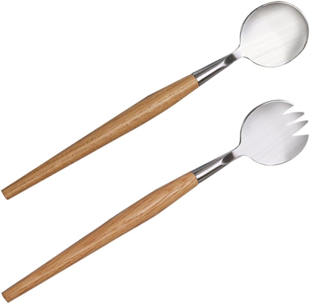 2pcs Salad Server Set Stainless Steel and Wood, Fork Spoon