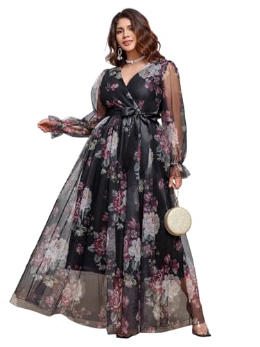 Image of Spring Summer 2024 Plus Size Womens Dresses V Neck Casual Elegant Long Sleeve Floral Print Maxi Dress