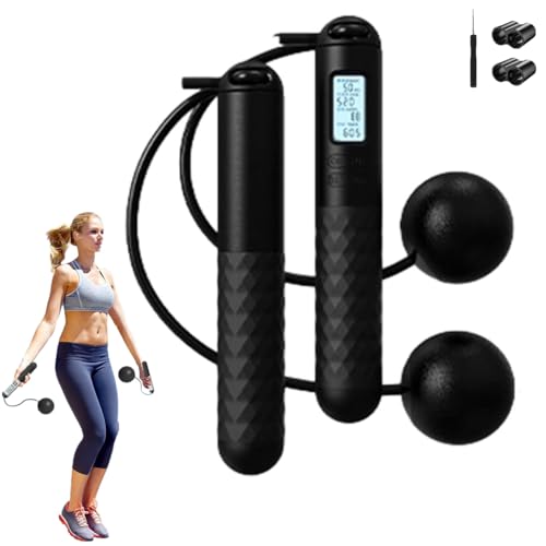 Cordless Skipping Rope for Adults - Portable Wireless Skipping Rope with Digital Counter, Weighted Skipping Rope Cordless, Ball Skipping Ropex, for Fitness, Exercise, Boxing, Gym Workouts (Black-A)