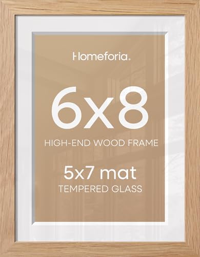 Image of Homeforia 6x8 Natural Oak Picture Frame, High-End Wood, 5x7 Mat, Glass | High End Solid Oak Wood, Tempered Glass, Acid-Free 5x7 Removable Mat, 6x8 Edge-to-Edge Display 8x6, Wall Kit, Set Of 2