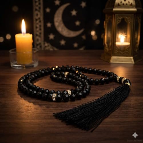 Image of Islamic Salat Prayer Tasbih - 100 Crystal White Beads - Tasbeeh for Dhikr, Zikr, and Meditation (Crystal Black)