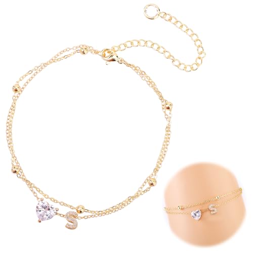 Mikovivi Ankle Bracelet for Women, Adjustable Letter Heart Design Waterproof Gold Initial Anklet Perfect Summer Beach Jewelry Alphabet Foot Chain Decorations and Gifts
