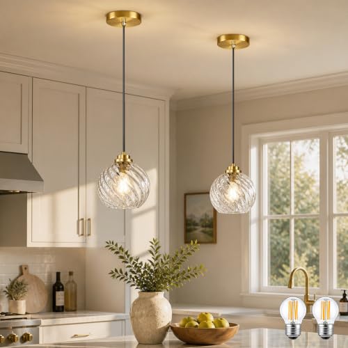 KoKo&Yukina 6" Gold Globe Pendant Light 2 Pack Ribbed Glass Pendant Lights Kitchen Island Height Adjustable Mid-Century Modern Island Pendant Lights for Dining Room Hallway Entryway (Bulbs Included)