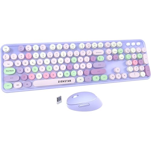 Zienstar-Pack de Teclado y Ratón Inalámbrico Español,Tecla Redondas Retro Vintage,Multicolores-Morado