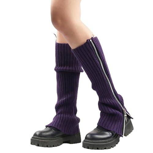 JK Home Zip Leg Warmers for Women Gothic Boot Cuffs with Side Zip Removable, Winter Knit Crochet Women's Leg Warmer Knitted Knee Long Leg Cover Leggings Boot Socks Cover for Ladies Y2K Purple