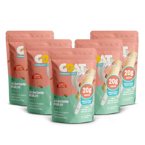 Image of GOAT Life Overnight Oats | 20g Protein | High Fibre | Nutrient-Rich | No Sugar | Gluten-Free & Vegan | Supports Weight Management & Muscle Recovery | Instant Breakfast (Almond Kulfi, Pack of 5)
