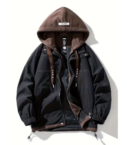 Image of FTIMILD Mens Fake Two Pieces Windbreaker Spring and Fall Vibrant Color Block Coat Lightweight Jacket with Hood