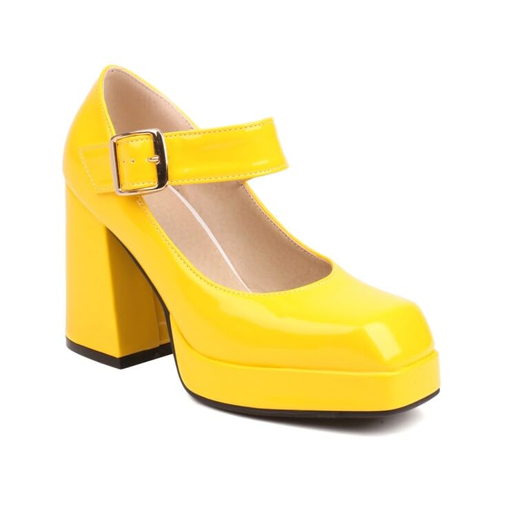 Women Platform Mary Jane Pumps Shoes Square Toe Chunky High Heels with Belt Buckles