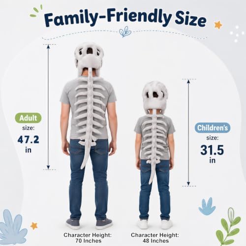 Wmbzxh 31.5in Dinosaur Skeleton Plush Costume, Soft 3D Spinosaurus Skull Headpiece with Spine Back Piece Outfit for Kids, Dino Snug Cosplay & Dress-Up Play for Halloween, My Cozy Dino (Gray) - 2