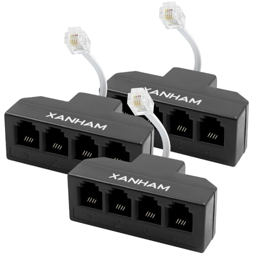 RJ11 Cable 4 Way Splitter(3 Pack) 6P4C Connector Phone Line Cord Adapter with 3 inch Cable for Landline Telephone Wire, Black, AV01404