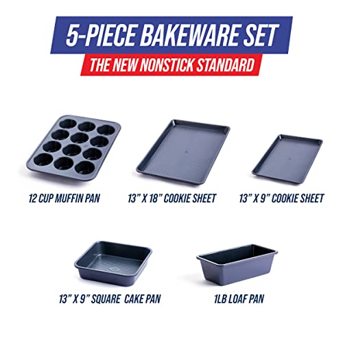 Blue Diamond Bakeware Diamond Infused Nonstick, 5 Piece Baking Set With 13X18Inch Baking Sheet,13X9Inch Cookie Sheet, 12 Cup Muffin Pan, Square Cake Pan & Loaf Pan, Dishwasher/Freezer Safe, Pfas-Free #TOP3