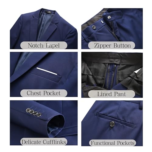 Men's Navy Blue 2 Piece Suit, Slim Fit Solid Jacket, Pants, and Tie for Business Wedding (Jacket 36/Pants Waist 32)4