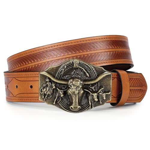 Western Cowboy Belt – Country Bull Buckle Vintage Genuine Leather Unisex Jeans 25