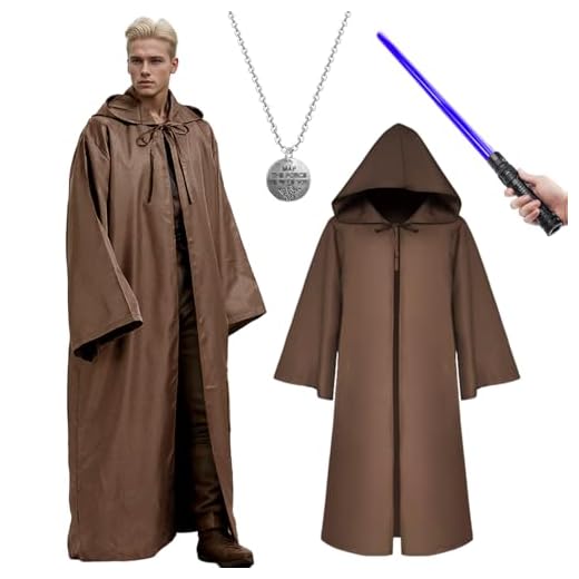 Disfraz Jedi Adultos Hooded Robe Marrón Negro Hombre Medieval Capa con Capucha Uniforme Completo Túnica Sudaderas Carnaval Halloween Cosplay