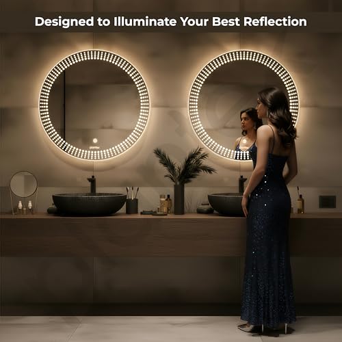 Image of Plantex LED Bathroom Mirror with 3 Tone /Designer Mirror for Living Room /Bedroom /Dressing Room - Round Shape (Dia.24 Inch)