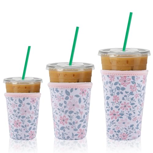 Image of 3 Packs Reusable Iced Coffee Sleeves - Flower Neoprene Cup Sleeve for Hot and Cold Drinks, Insulated Drink Sleeve for 16-32oz Soda Cans Beverages Water Bottles, Christmas Gift for Friends