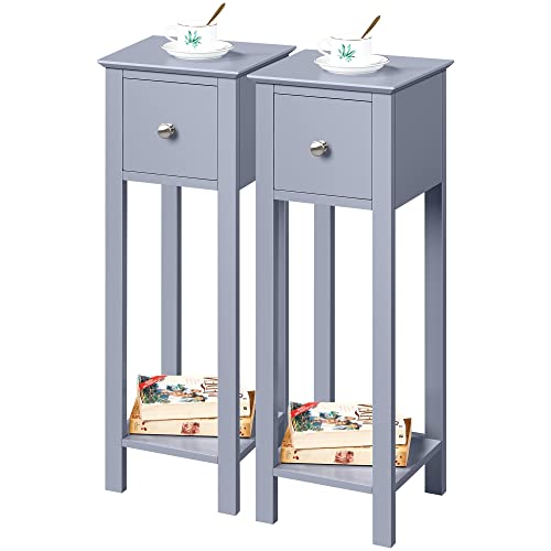 Yaheetech Lot de 2 Tables de téléphone Gris HBT : env. 70 x 25 x 25 cm Table d'appoint avec tiroir Table Console en Bois Table à Fleurs 70 cm de Haut