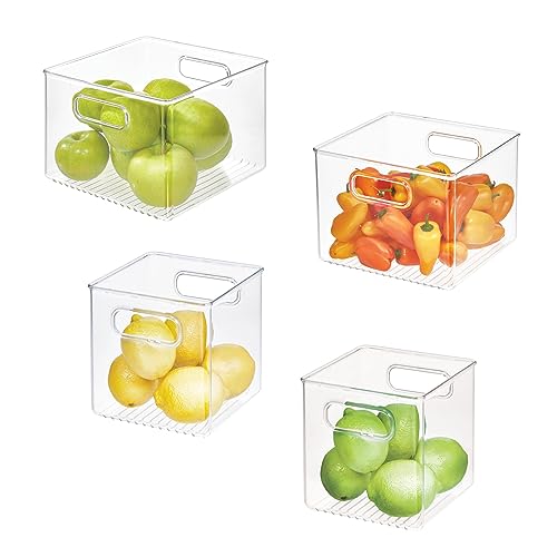 iDesign Juego de 4 cubos organizadores de nevera de plástico reciclado al 50%, fabricados en USA - Diseño versátil ideal para organizar el congelador, la nevera, la despensa- transparente