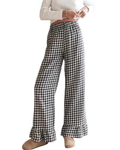 Image of codcm Womens Gingham Pants Wide Leg Lounge Pants Y2k Plaid Print Ruffle Hem Loose Trouser