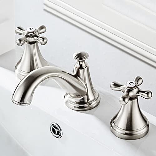 Robinet de lavabo à 3 trous mitigeur mélangeur en laiton brossé pour salle de bains eau chaude