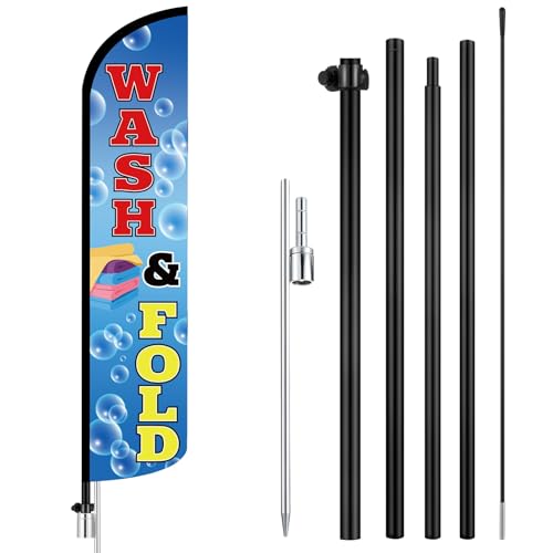Tudomro 15 FT Wash & Fold Windless Feather Flag Kit - Laundromat Dry Cleaner Flag Banner Sign with Fiberglass Pole and Steel Ground Spike for Outdoor Laundry Shop Advertising
