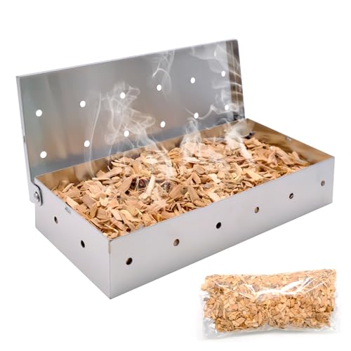 JJYHEHOT BBQ Räucherbox Set, Smokerbox aus Rostfreiem Edelstahl, Räucherbox inkl. Apfel Räucherchips - Smokergrill-Flair für Fleisch, Fisch & Gemüse für Gasgrill Elektrogrill oder Holzkohlegrill