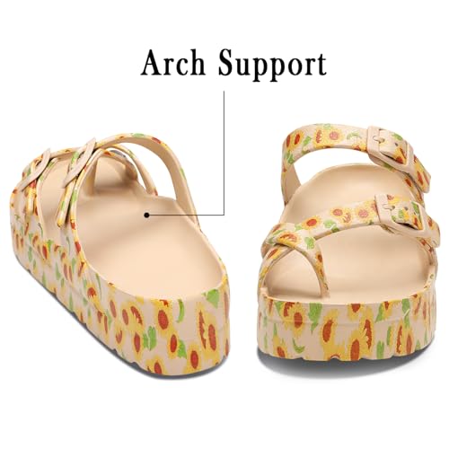Image of TIKVAW Womens Arch Support Platform Sandals Comfort Slides Thick Soles Flat Sandals With Adjustable Buckle & Ultra Cushion