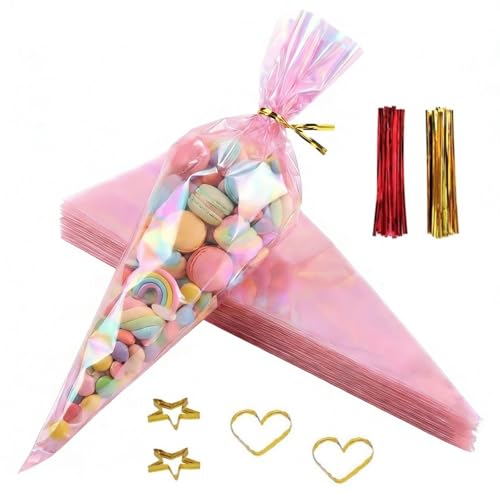 MtnLaur Sweet Cones Bags 50 Pcs Iridescent Holographic Cellophane Treat Bags 25x13cm with 50 Twist Ties Cellophane Goody Bags Triangle Goody Bags Gift Bags for Gifting Party Favors Candy Snack