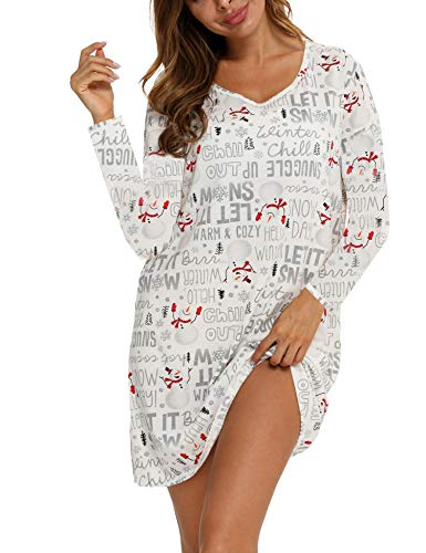 ENJOYNIGHT Women's Cotton Sleepwear Long Sleeves Nightgown Print Tee Sleep Dress (X-Large, Snow)
