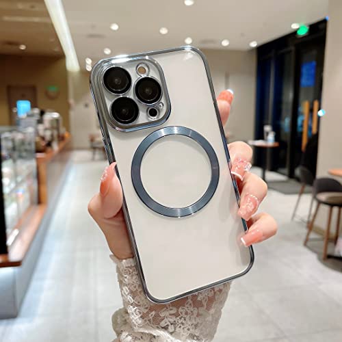 Image of MIDOS Silicone Back Cover Ring Logo Cut for Magsafe Compatible For iPhone 13 Lens Protection Chrome Back Cover for - iPhone 13 (Silver)