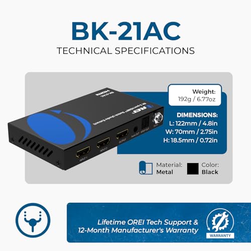 Image of OREI 8K 2x1 HDMI 2.1 Switch - 8K@60Hz /4K@120Hz HDR10+ /Dolby Vision Pass‑Through, HDCP 2.3, Optical Audio Extractor and RCA L /R, Infrared Remote Control, Metal Housing - HDMI Switch