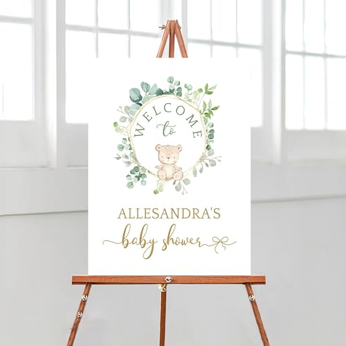 Teddy Baby Shower Sign, Welcome Party Poster Decor Custom Gender Neutral Teddy Bear Greenery Canvas