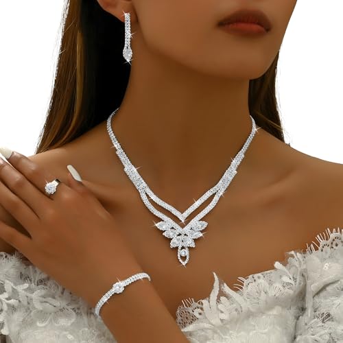 Pulsera y pendientes de boda con juego de joyas de cristal y collar de 38 cm 6