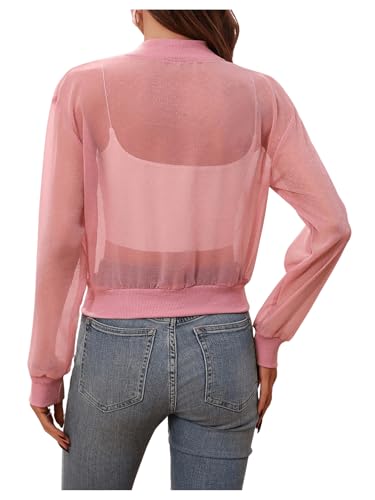 OYOANGLE Women's Long Sleeve Zipper Front Baseball Collared See Through Bomber Jacket2