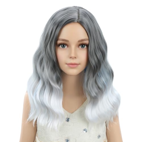 Image of PATTNIUM Gray Ombre White Short Curly Wavy Wigs for Girls Kids | Grey Side Part Shoulder Length Wig Halloween Cosplay Costume Party Wigs