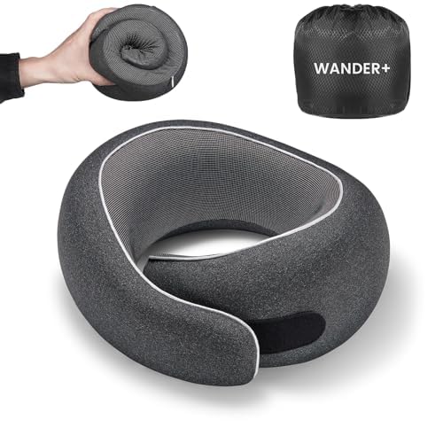 WANDER PLUS® Travel Pillow, 100% Pure Memory Foam Travel Neck Pillow Airplane Neck Support Ergonomic Design Best for Sleeping Plane Car Train Office Flight for Adults Black