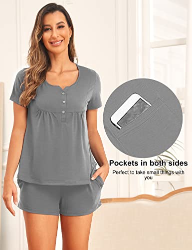 Anggrek Women's Maternity Nursing Pajama Set Breastfeeding Sleepwear Set Button Short Sleeve Pregnancy Pjs,Grey,Small #TOP1