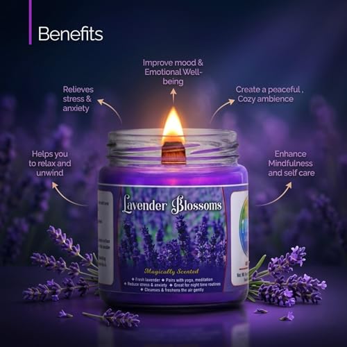 Image of Scented Candle (142g) | Lavender Blossoms Glass Jar Scented Candles with Wooden Wick | Long Lasting Aromatic Fragrance for Home Decor