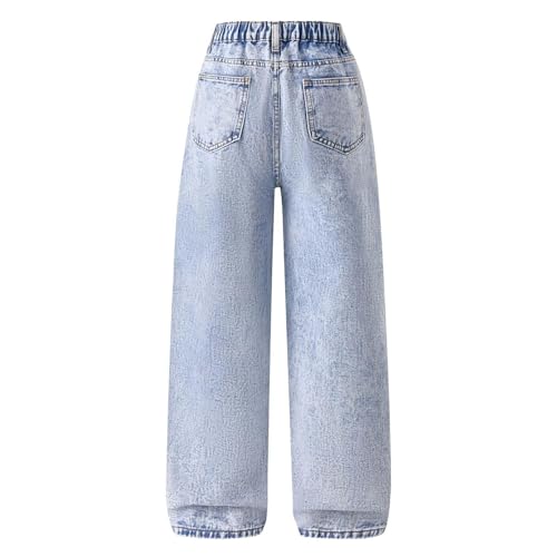 Bow Jeans for Girls Wide Leg Kids Baggy Denim Pants High Waisted Cute Clothes Y2k Outfits Streetwear with Pockets 6-14Y4